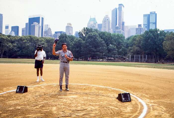 Evans—commissioner and ABC player-manager—playing to the camera in 1996.